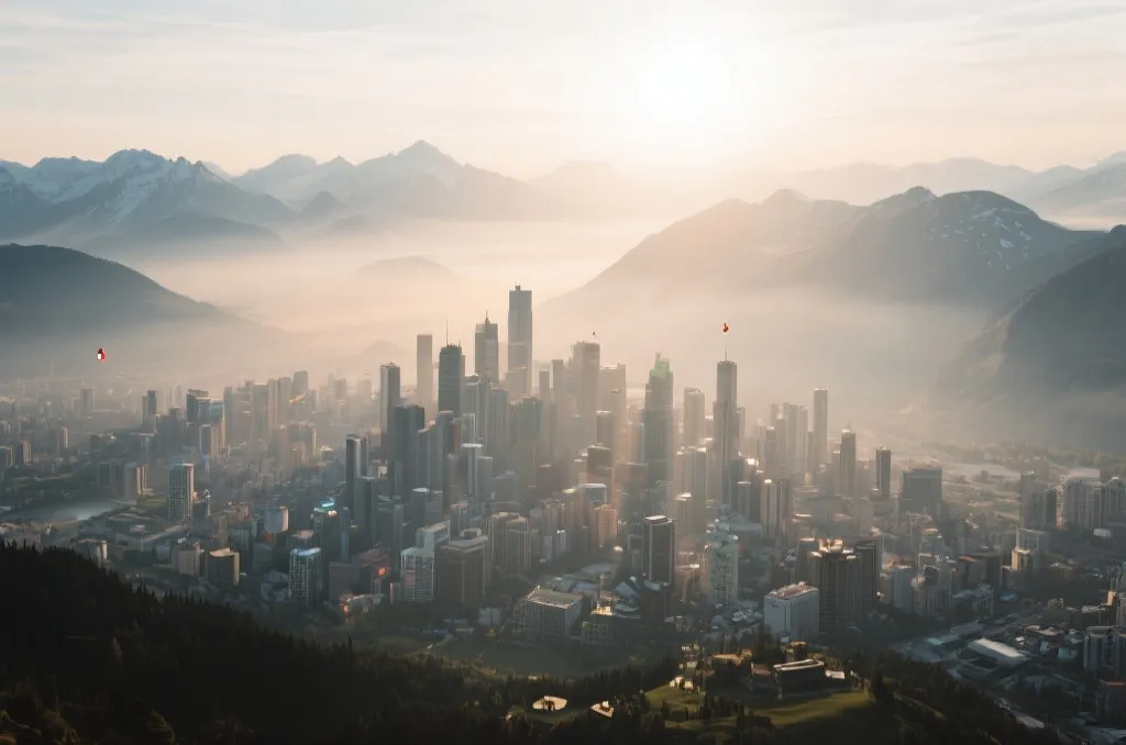 An aerial view of a vibrant city skyline surrounded by high mountains under a hazy sun, representing high-altitude environment